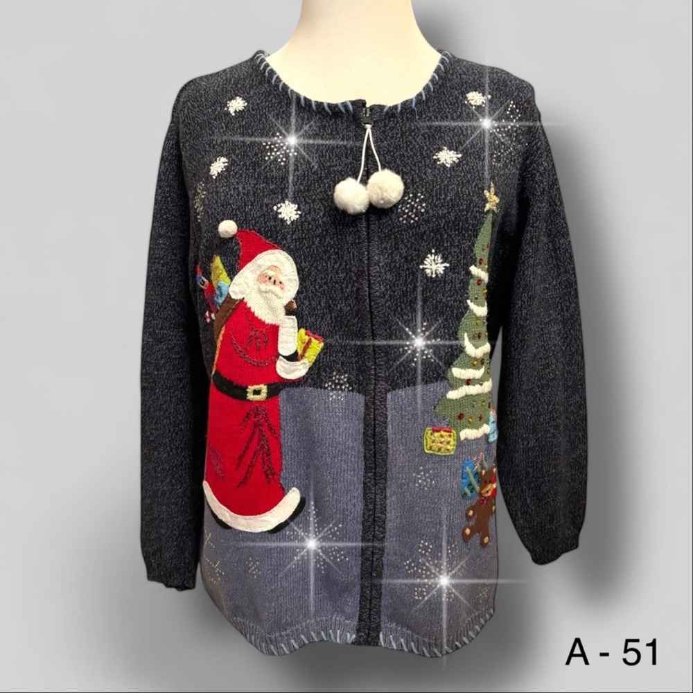 Vtg Blue Ugly Christmas Sweater Sz 1X Heavy Rhinestones Snowflakes Sparkle Santa